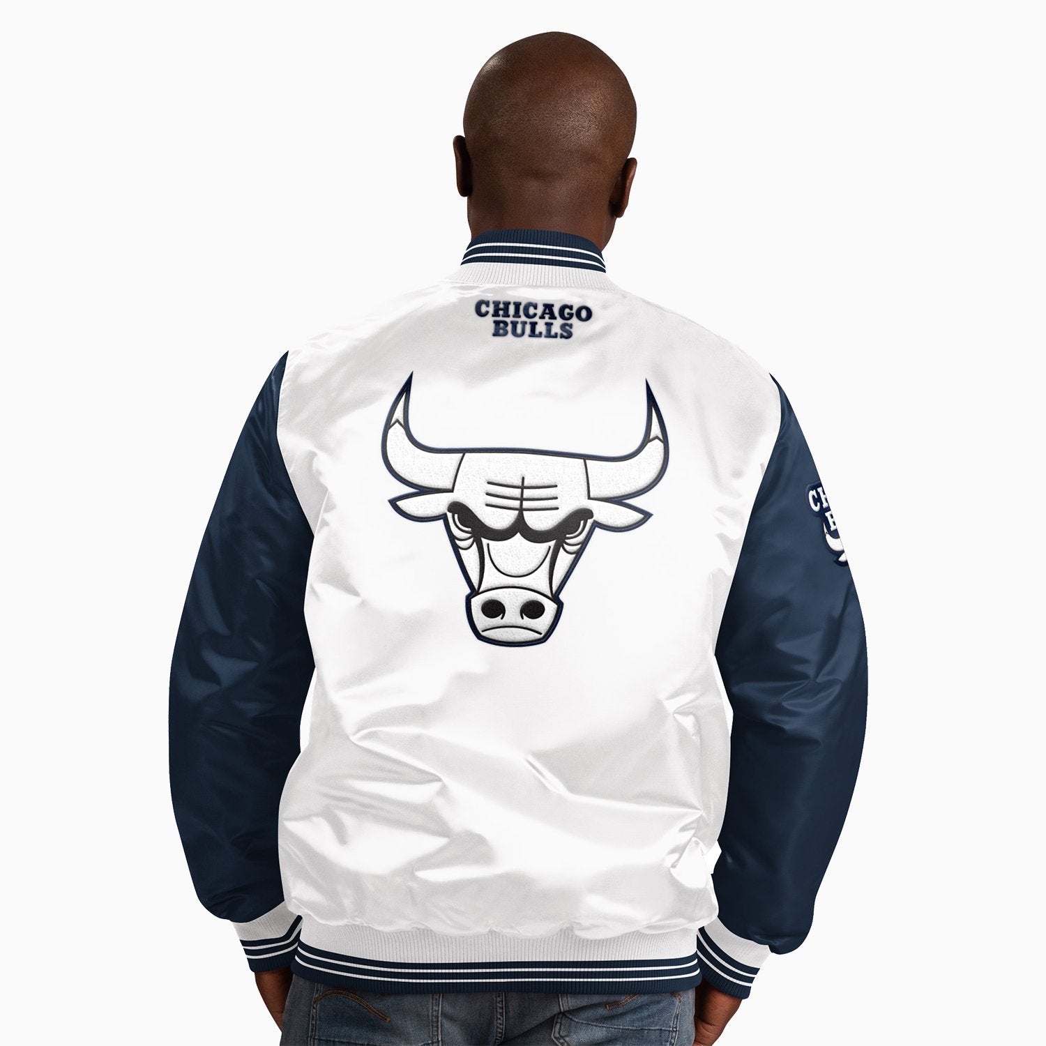 Starter Men's Chicago Bulls NBA Varsity Satin Jacket - Color: Navy - Tops and Bottoms USA -
