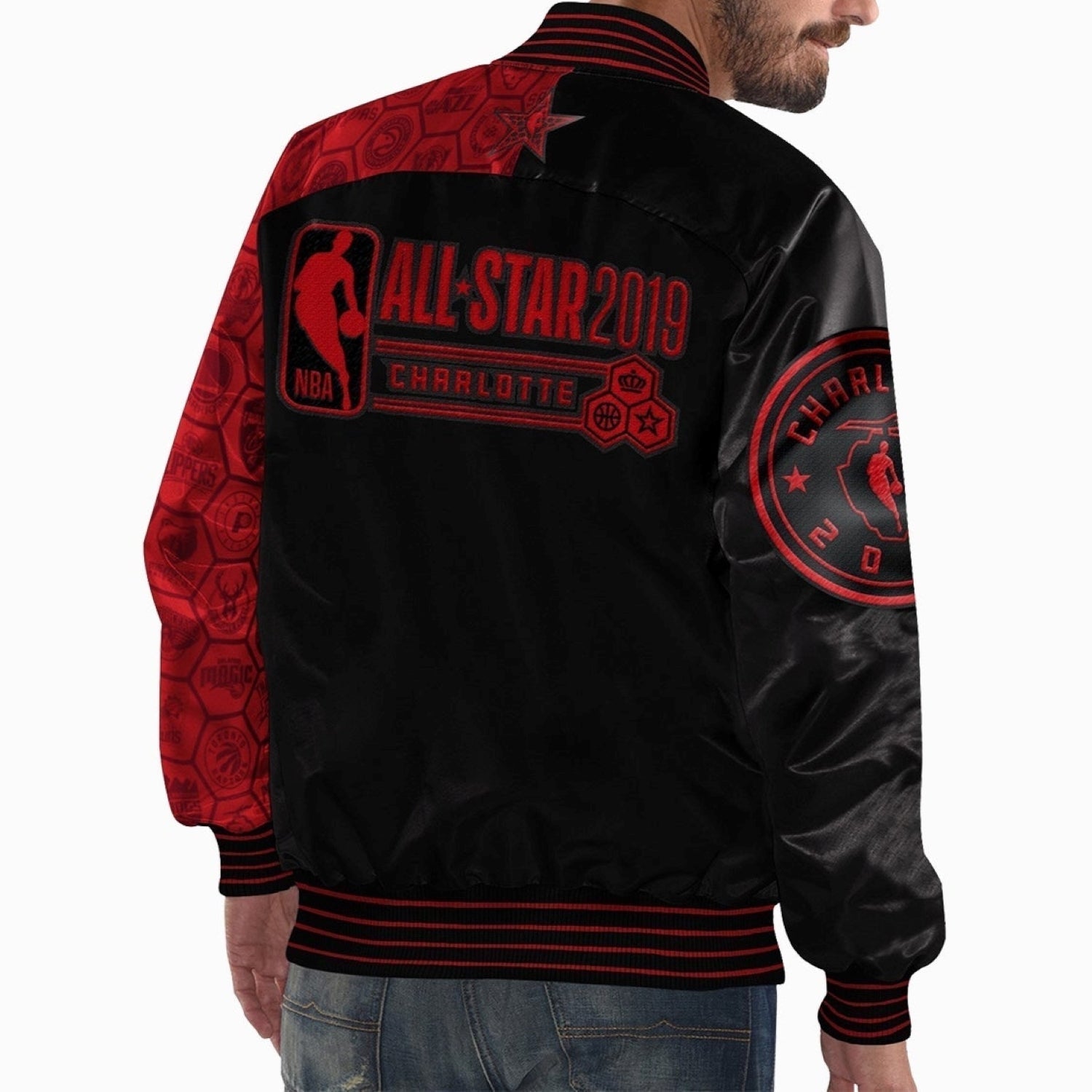 Starter Men's NBA All Star Varsity Satin Jacket - Color: Black Red - Tops and Bottoms USA -