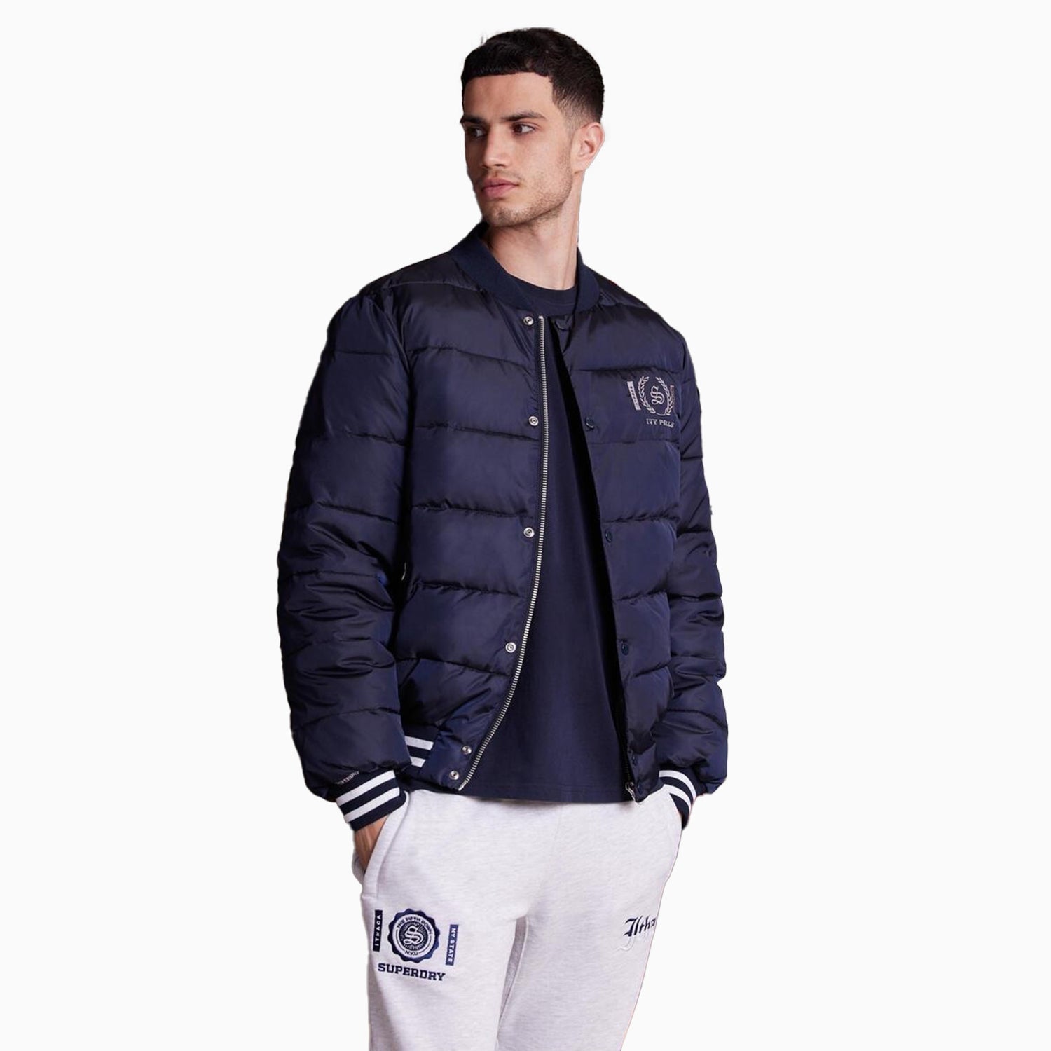 Superdry Men's Varsity Baseball Puffer Jacket - Color: Eclipse Navy - Tops and Bottoms USA -
