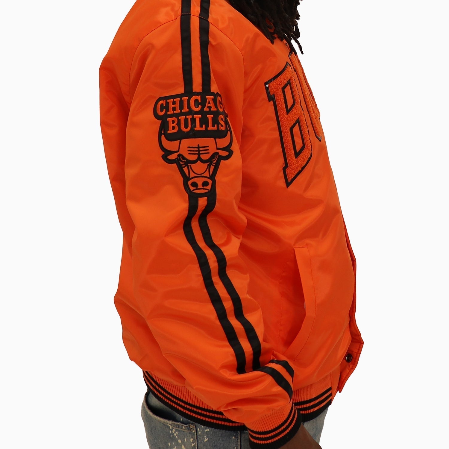 Starter Men's Chicago Bulls NBA Varsity Satin Jacket - Color: Orange - Tops and Bottoms USA -