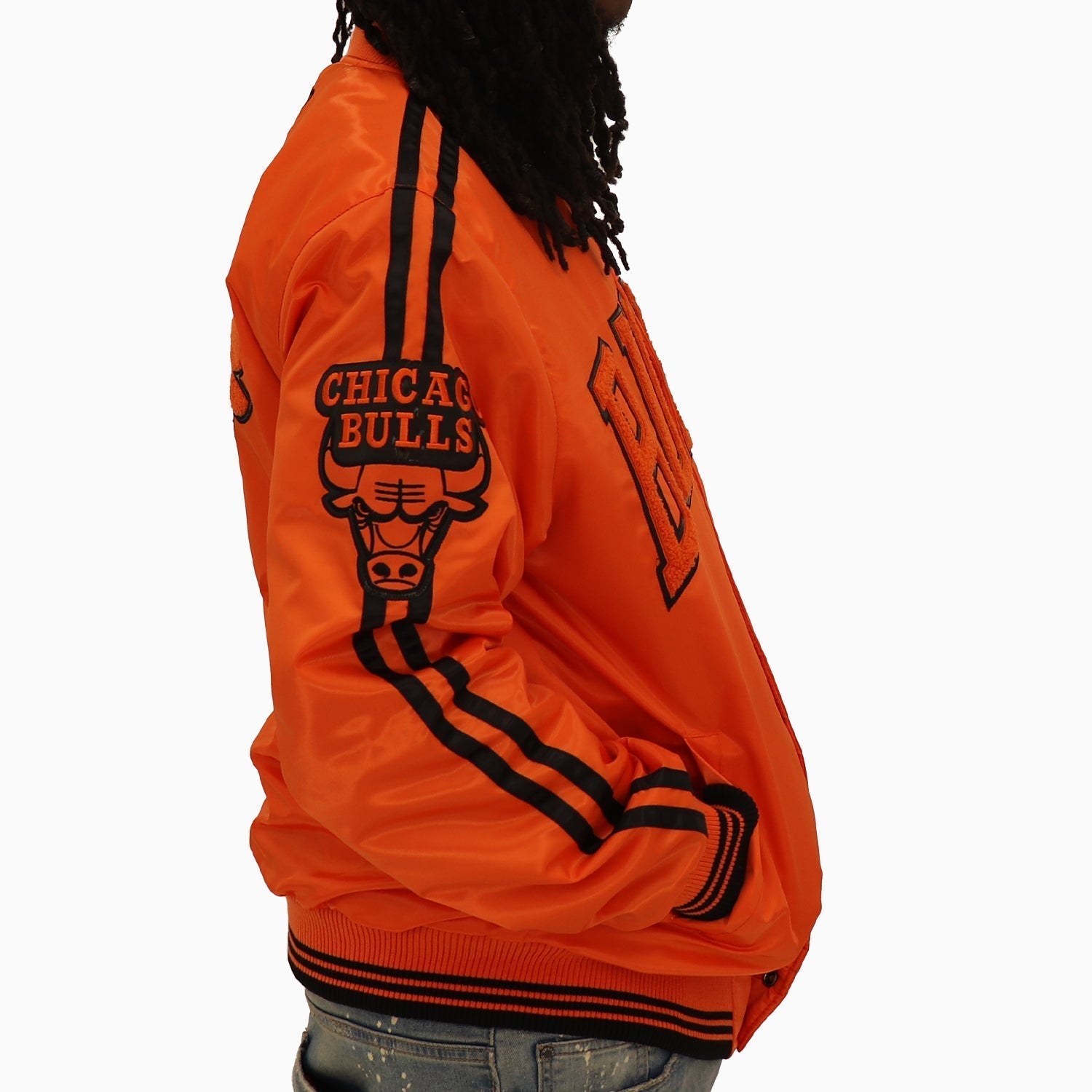 Starter Men's Chicago Bulls NBA Varsity Satin Jacket - Color: Orange - Tops and Bottoms USA -