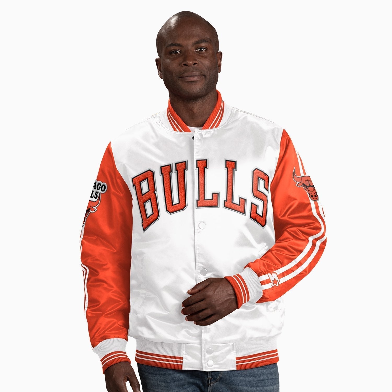 Starter Men's Chicago Bulls NBA Varsity Satin Jacket - Color: White - Tops and Bottoms USA -
