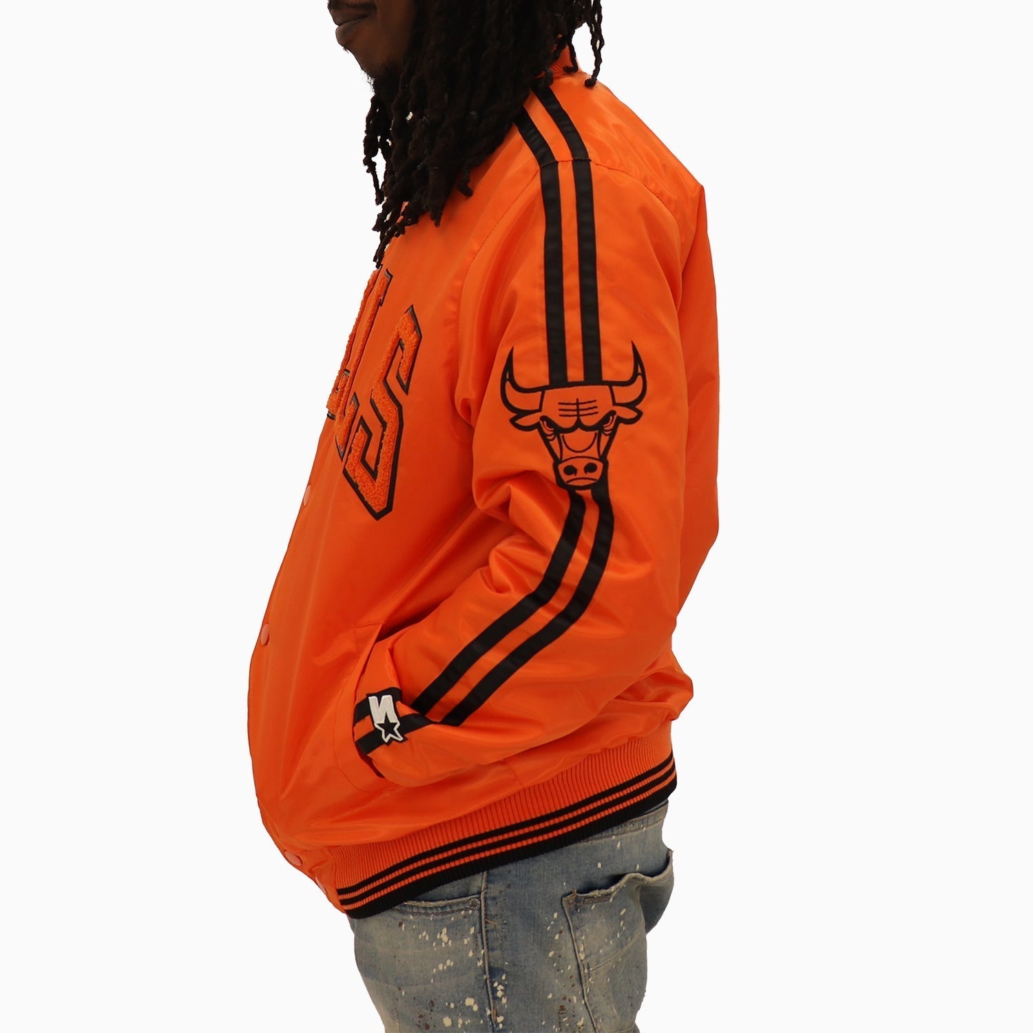 Starter Men's Chicago Bulls NBA Varsity Satin Jacket - Color: Orange - Tops and Bottoms USA -