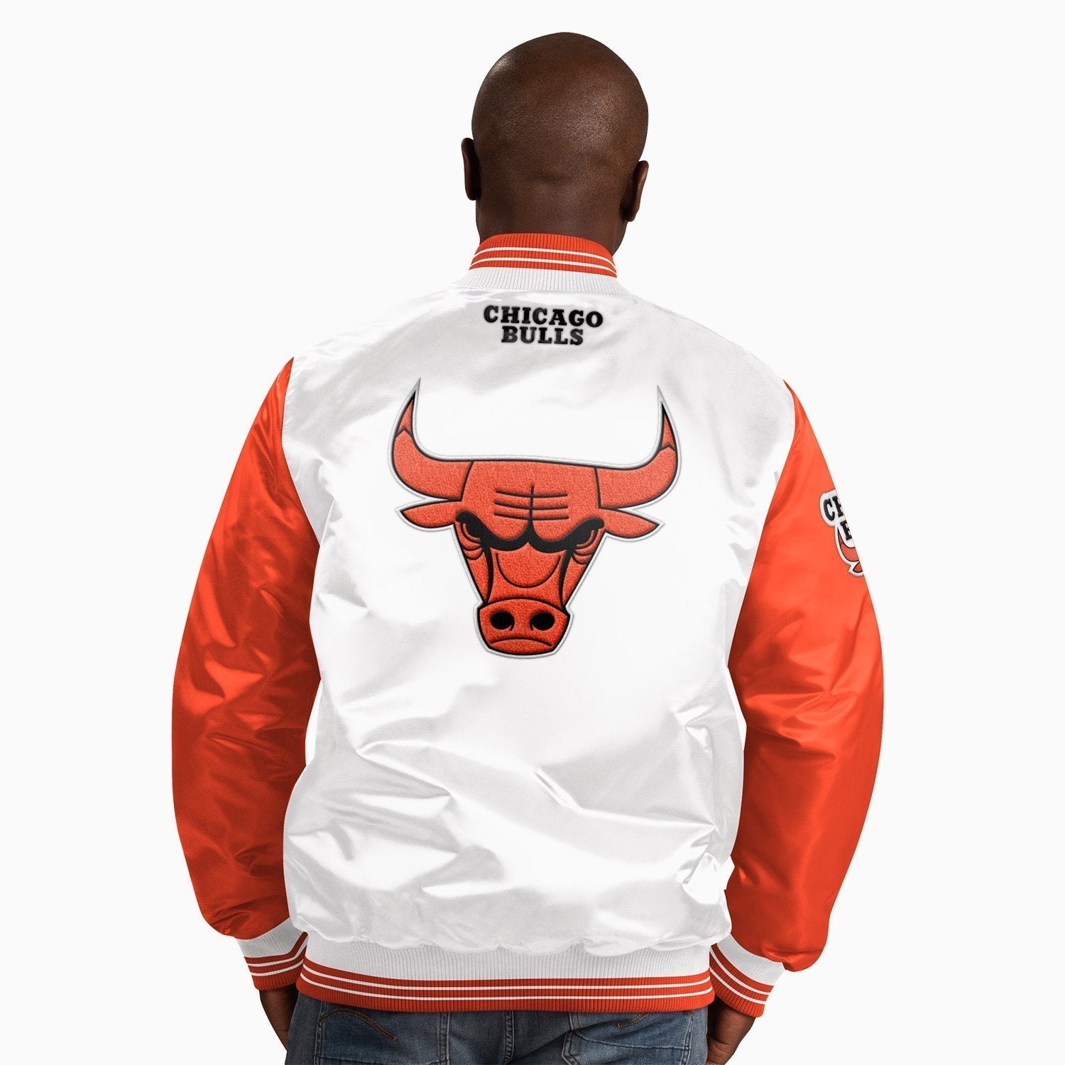 Starter Men's Chicago Bulls NBA Varsity Satin Jacket - Color: White - Tops and Bottoms USA -