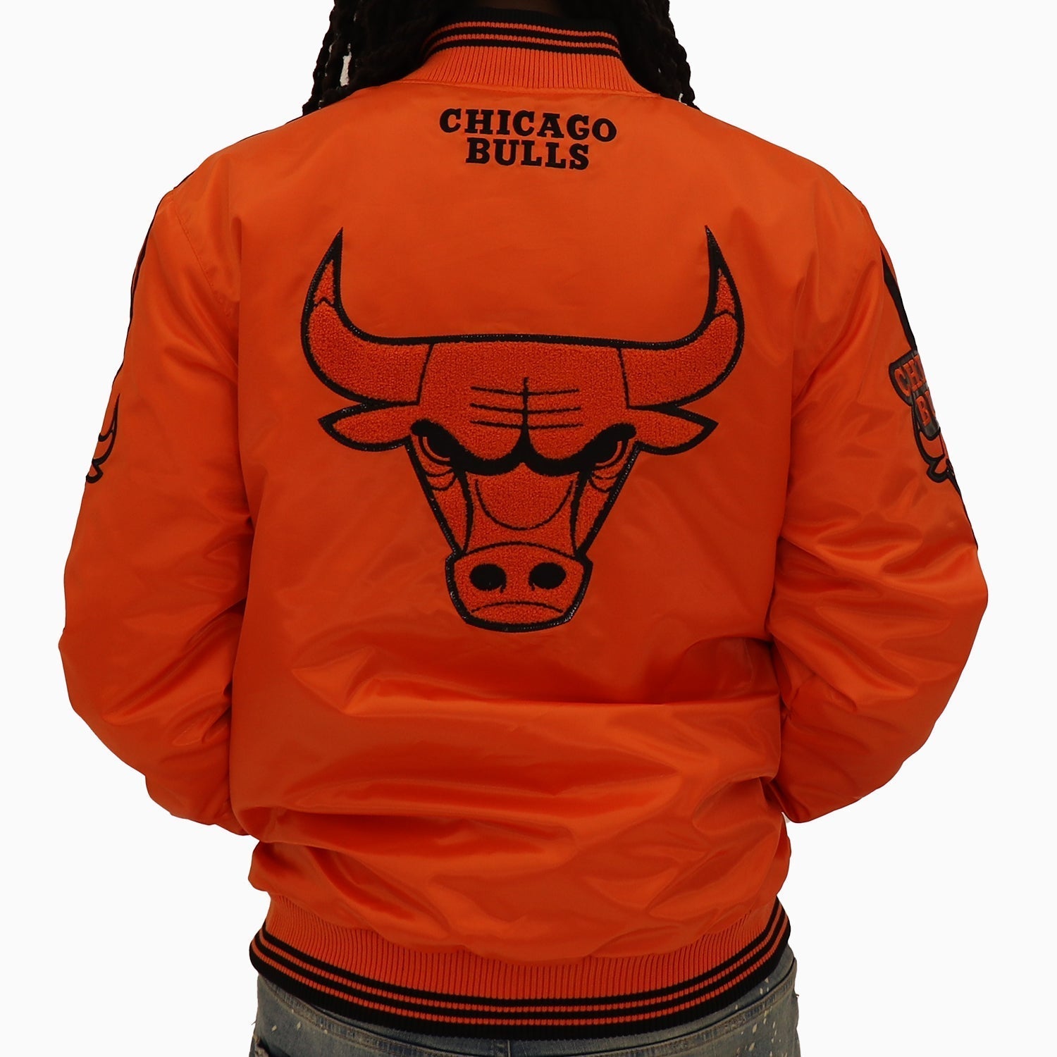 Starter Men's Chicago Bulls NBA Varsity Satin Jacket - Color: Orange - Tops and Bottoms USA -