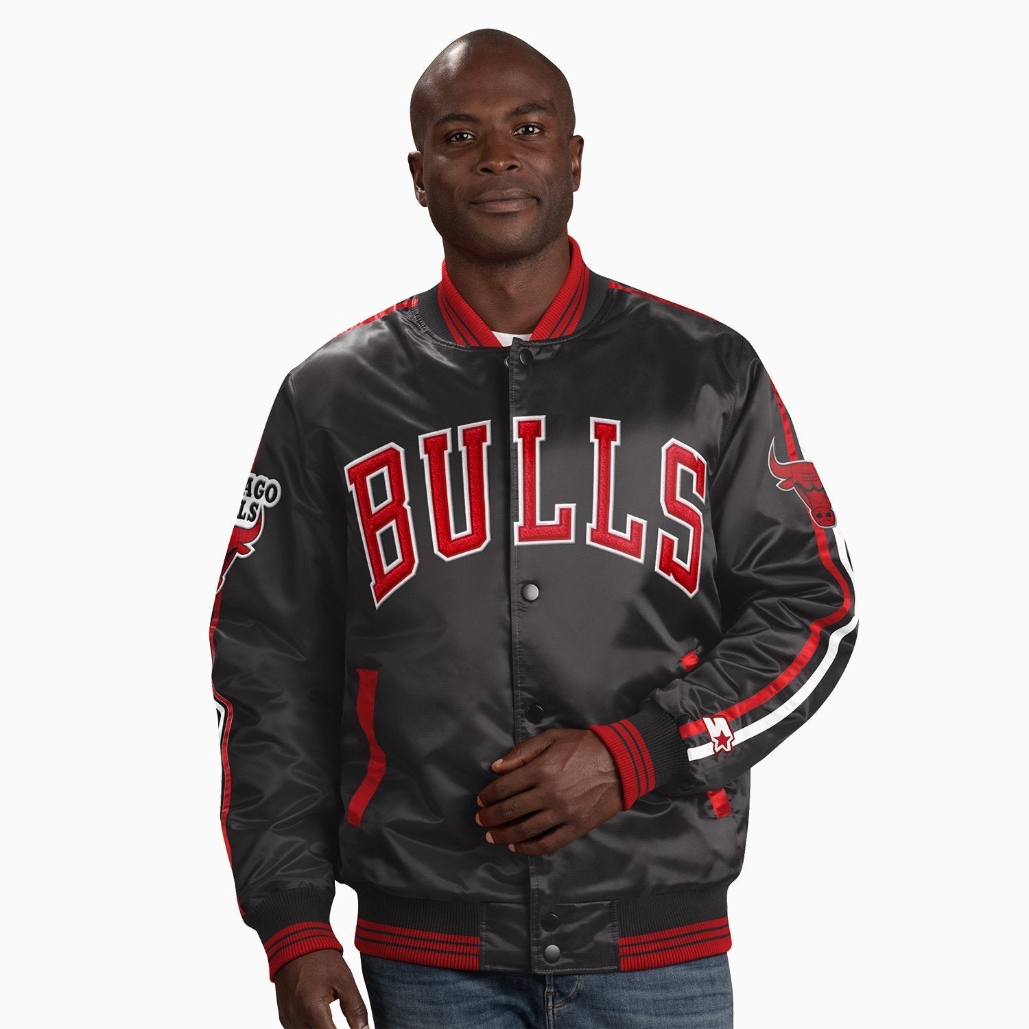 Starter Men's Chicago Bulls NBA Varsity Satin Jacket - Color: Black - Tops and Bottoms USA -