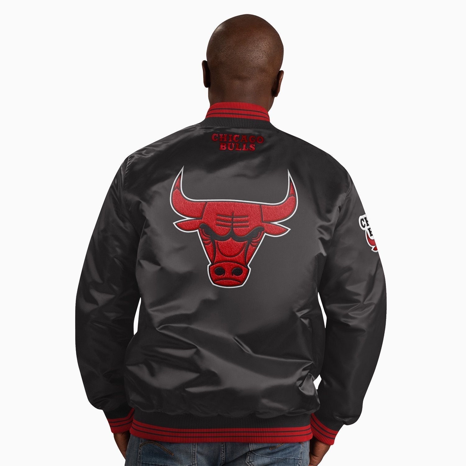 Starter Men's Chicago Bulls NBA Varsity Satin Jacket - Color: Black - Tops and Bottoms USA -