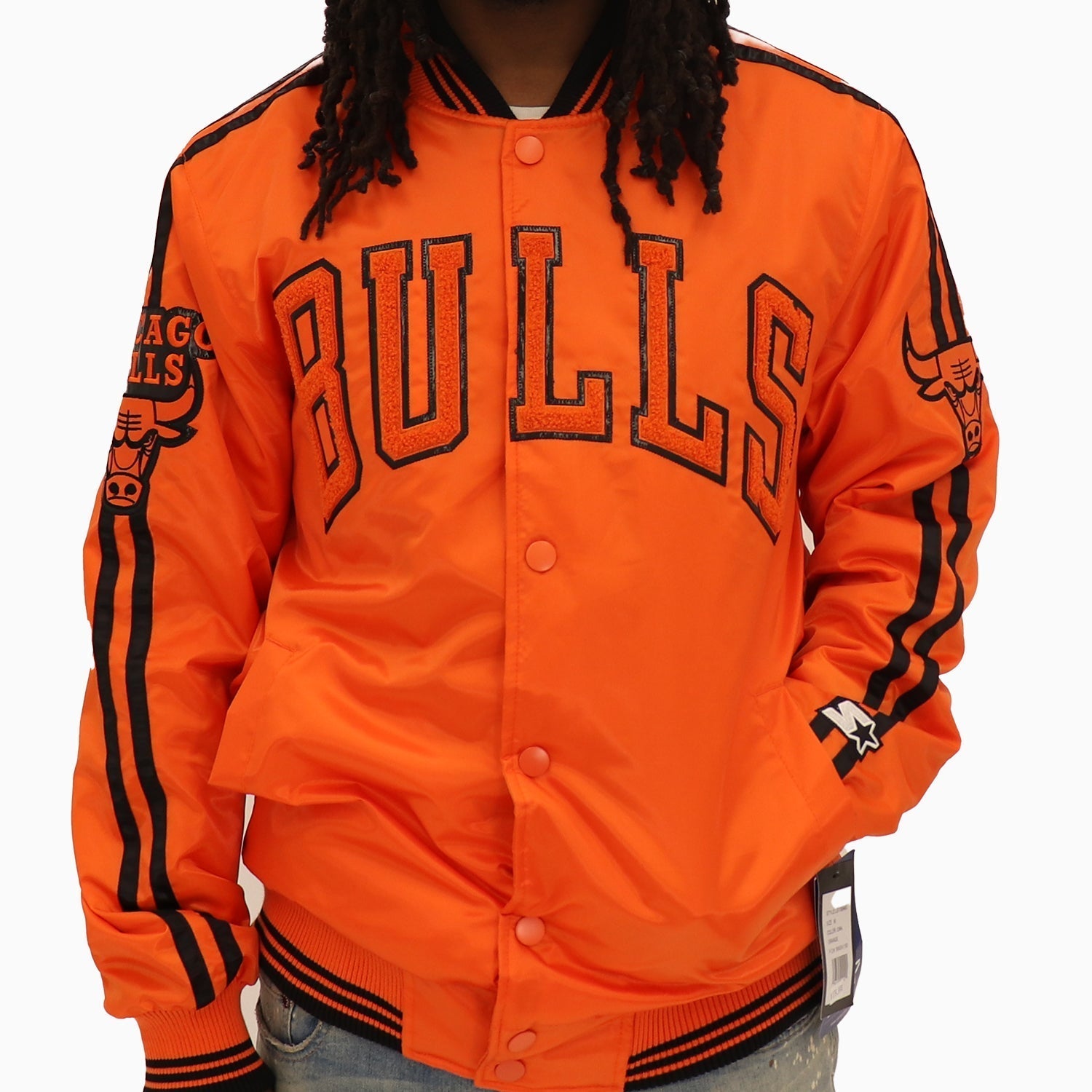 Starter Men's Chicago Bulls NBA Varsity Satin Jacket - Color: Orange - Tops and Bottoms USA -