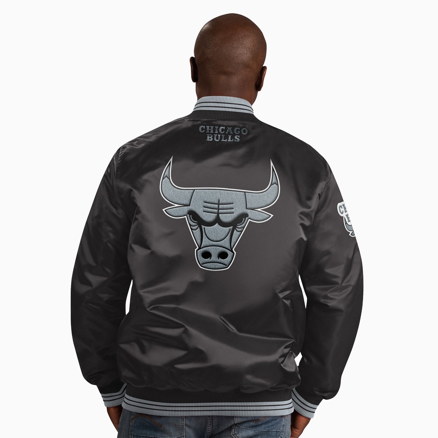 Starter Menâ€™s Chicago Bulls NBA Varsity Satin Jacket - Color: Black Dark Grey - Tops and Bottoms USA -