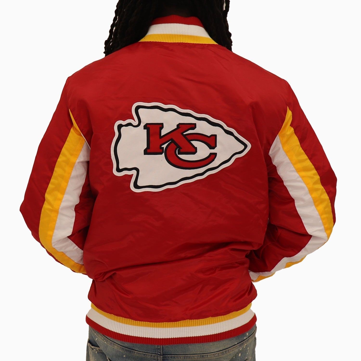 Starter Men's Kansas City Chiefs NFL Varsity Satin Red Jacket - Color: Multi - Tops and Bottoms USA -