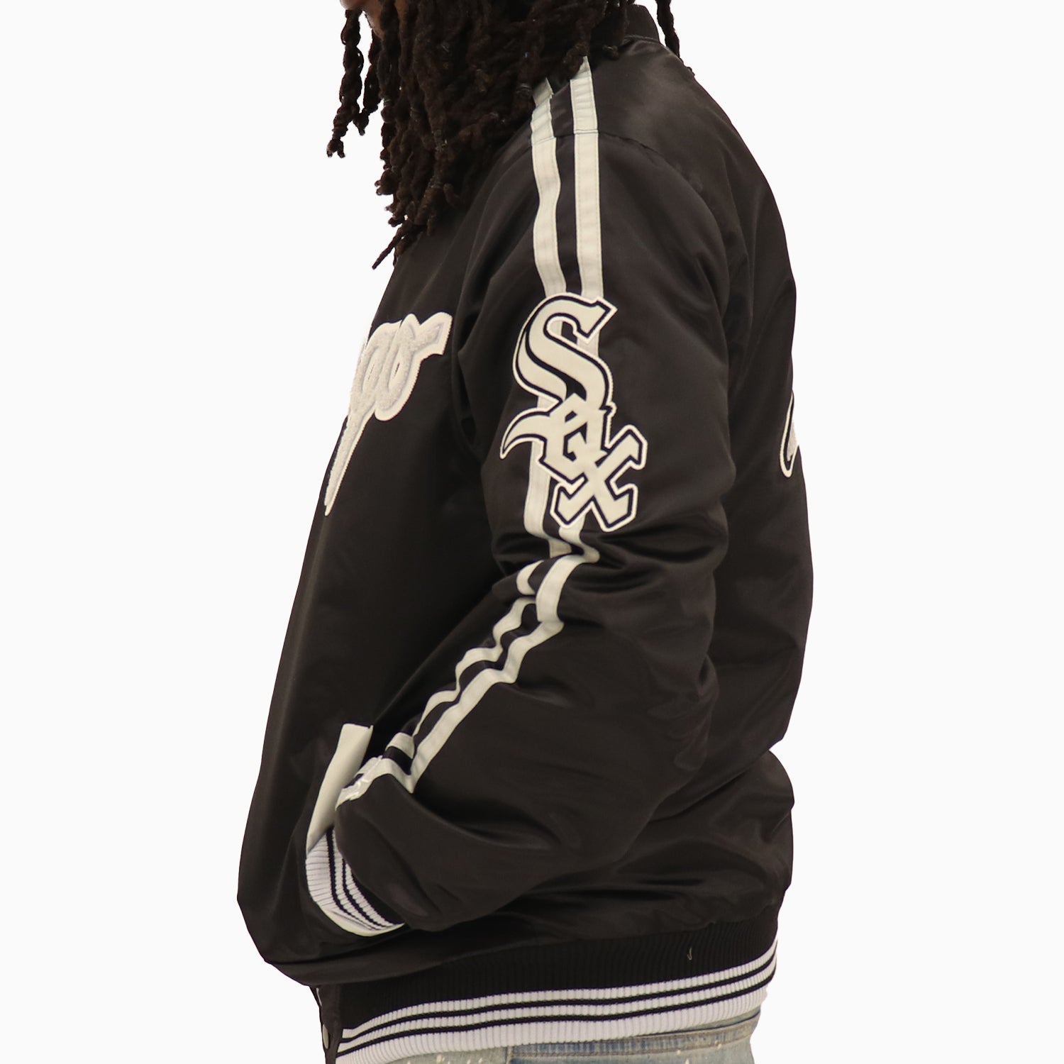 Starter Men's Chicago White Sox MLB Varsity Satin Jacket - Color: Black Grey - Tops and Bottoms USA -