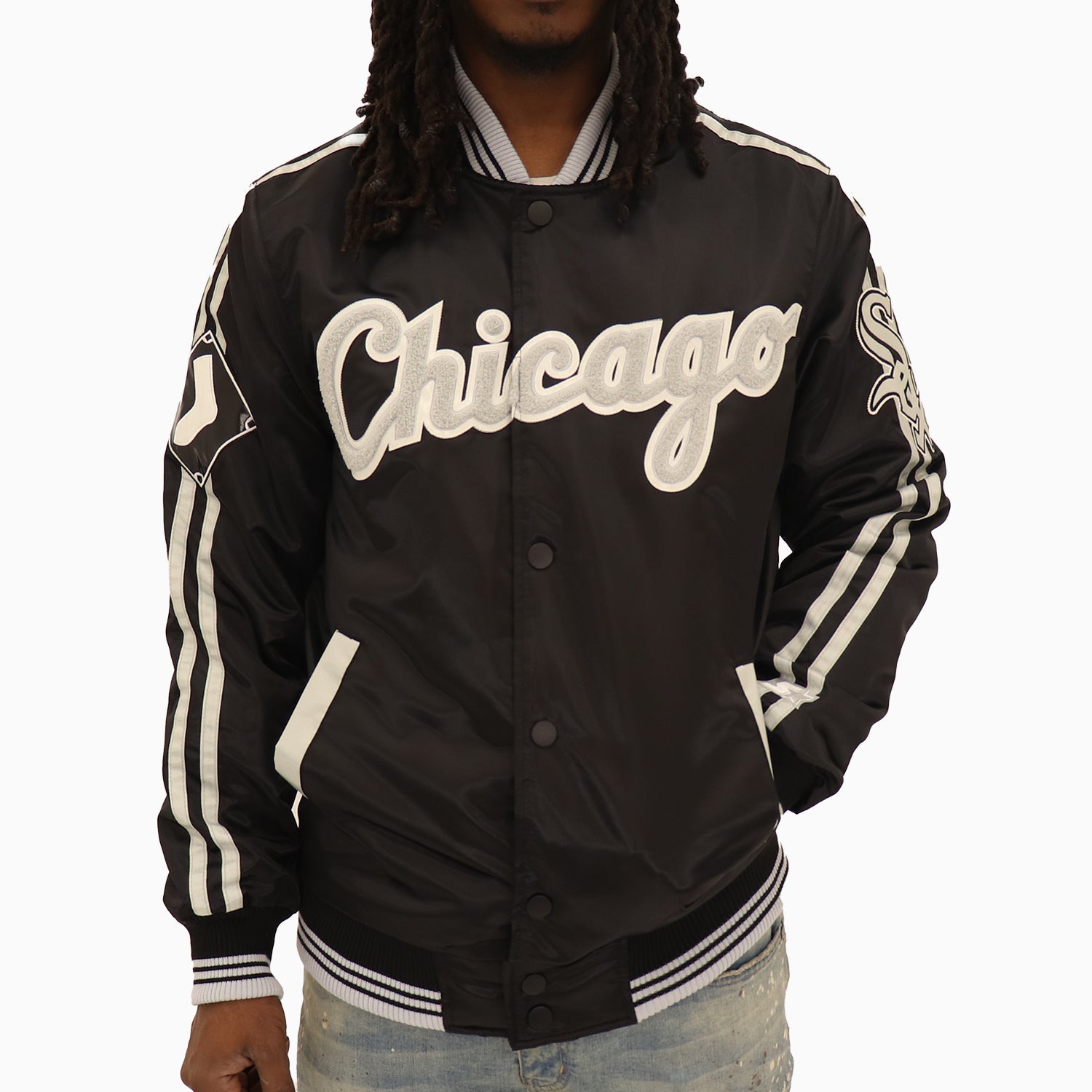 Starter Men's Chicago White Sox MLB Varsity Satin Jacket - Color: Black Grey - Tops and Bottoms USA -