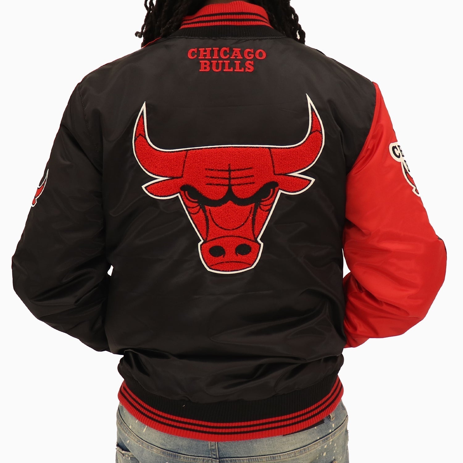 Starter Menâ€™s Chicago Bulls NBA Varsity Satin Jacket - Color: Black - Tops and Bottoms USA -
