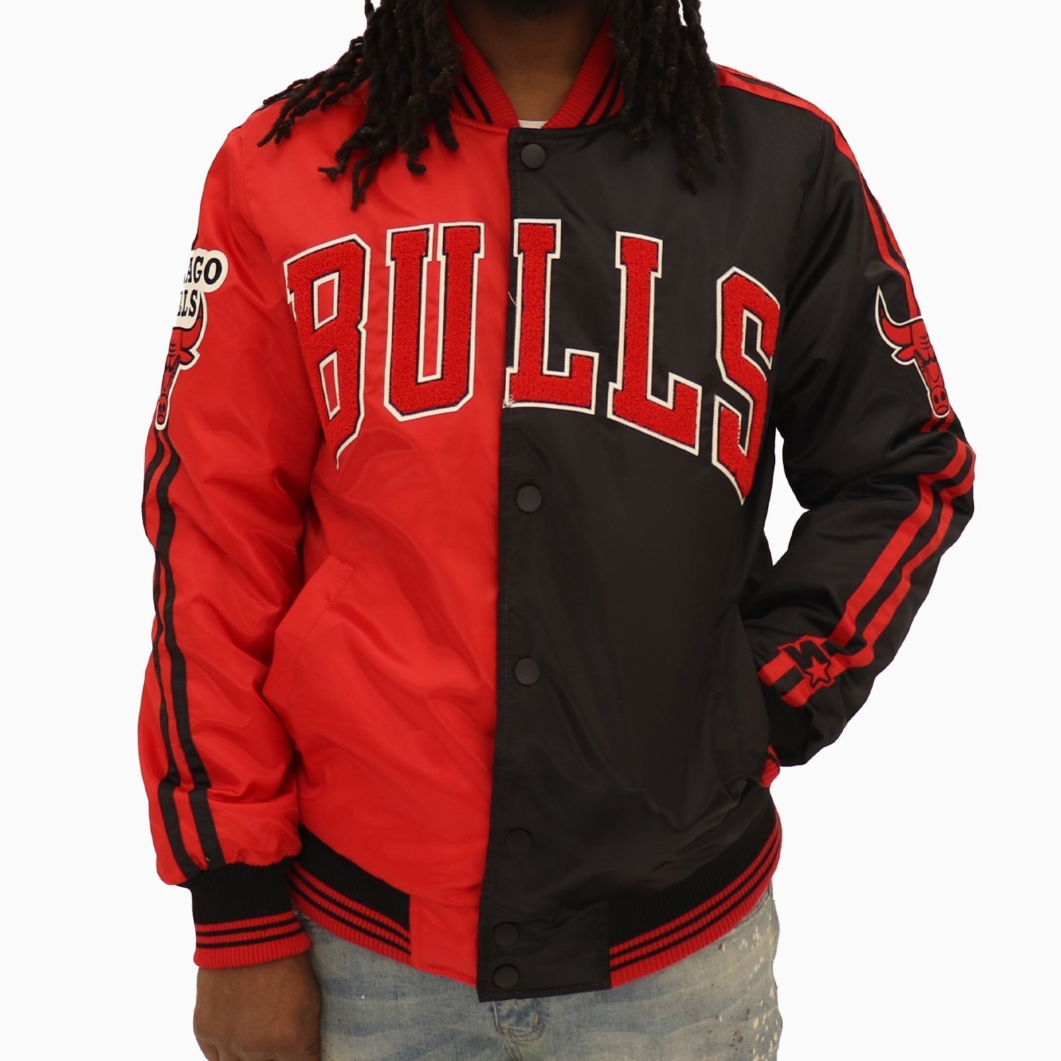 Starter Menâ€™s Chicago Bulls NBA Varsity Satin Jacket - Color: Black - Tops and Bottoms USA -