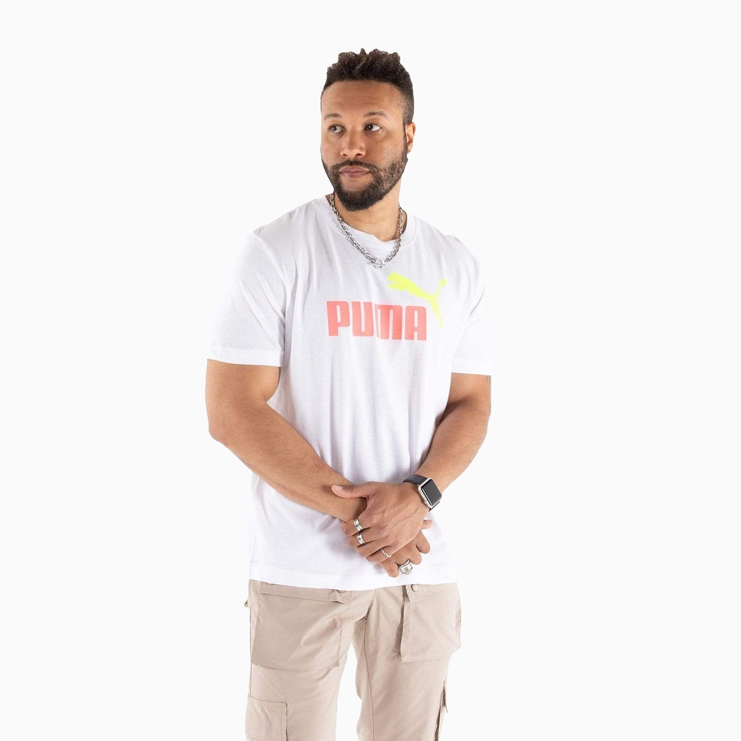 Puma Men's Essential Logo Crew Neck T Shirt - Color: White Ignite Pink - Tops and Bottoms USA -
