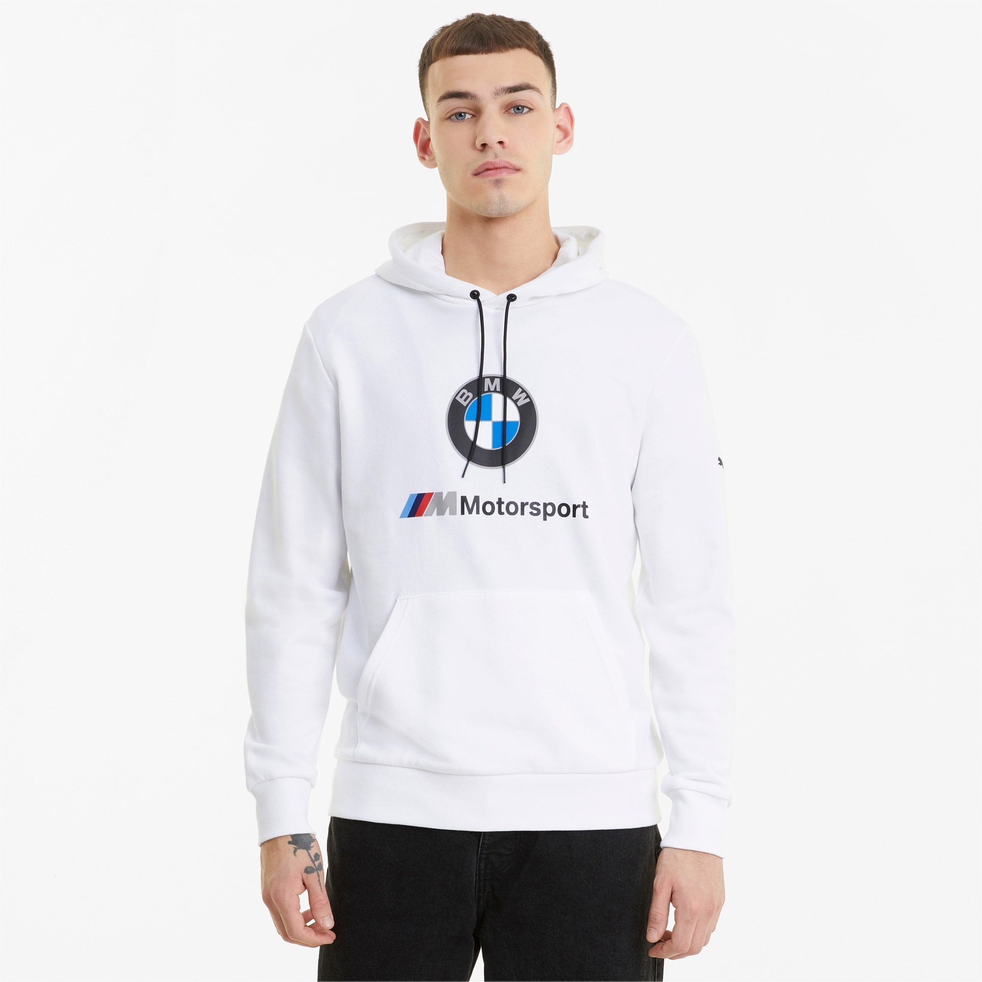 Puma Mens Essential BMW M Motorsport Logo Hoodie - Color: White - Tops and Bottoms USA -