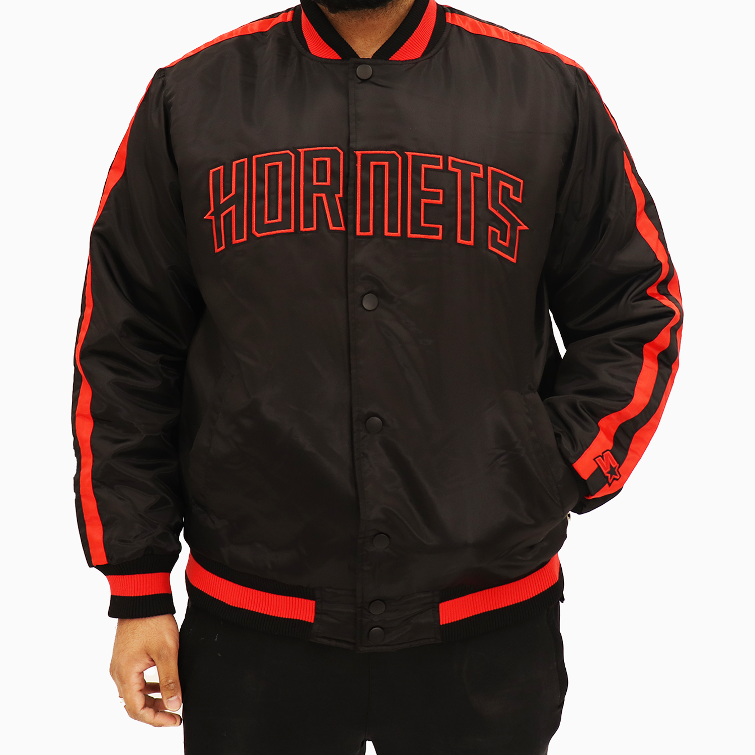 Starter Men's Charlotte Hornets NBA Satin Jacket - Color: Black/Red - Tops and Bottoms USA -