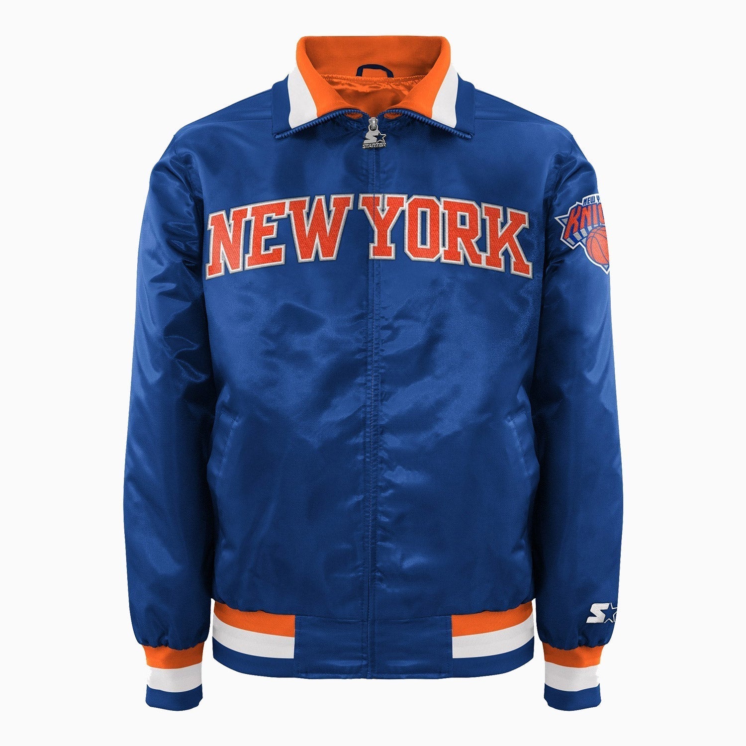STARTER Men's NBA New York Knicks Varsity Jacket - Color: Blue Orange - Tops and Bottoms USA -