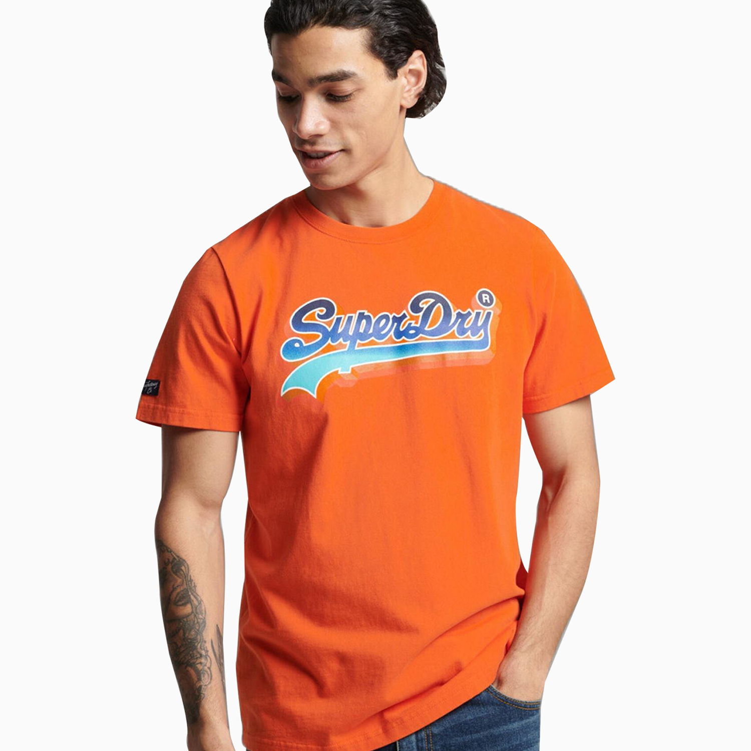 Superdry Men's Vintage Logo Seasonal T Shirt - Color: Fiery Orange - Tops and Bottoms USA -
