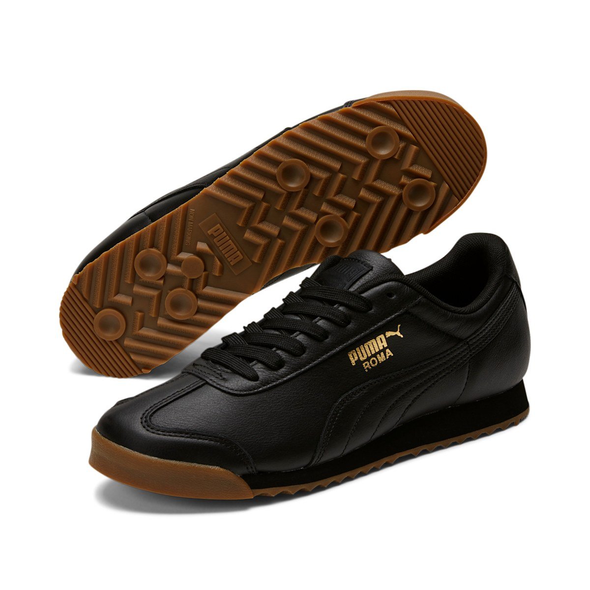 PUMA | Unisex Roma Classic Gum - Color: BLACK TEAM GOLD - Tops and Bottoms USA -