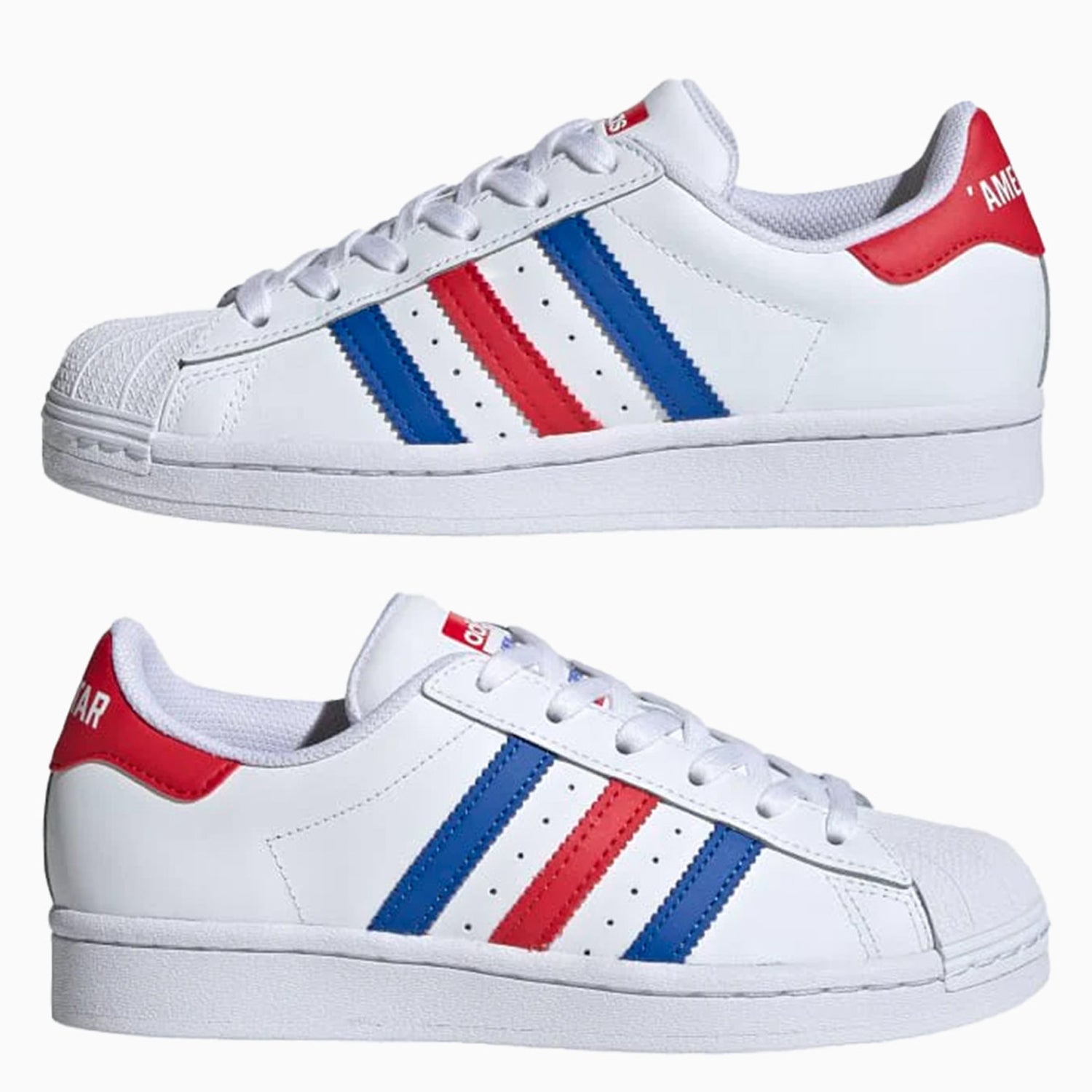 red and blue stripe adidas superstars