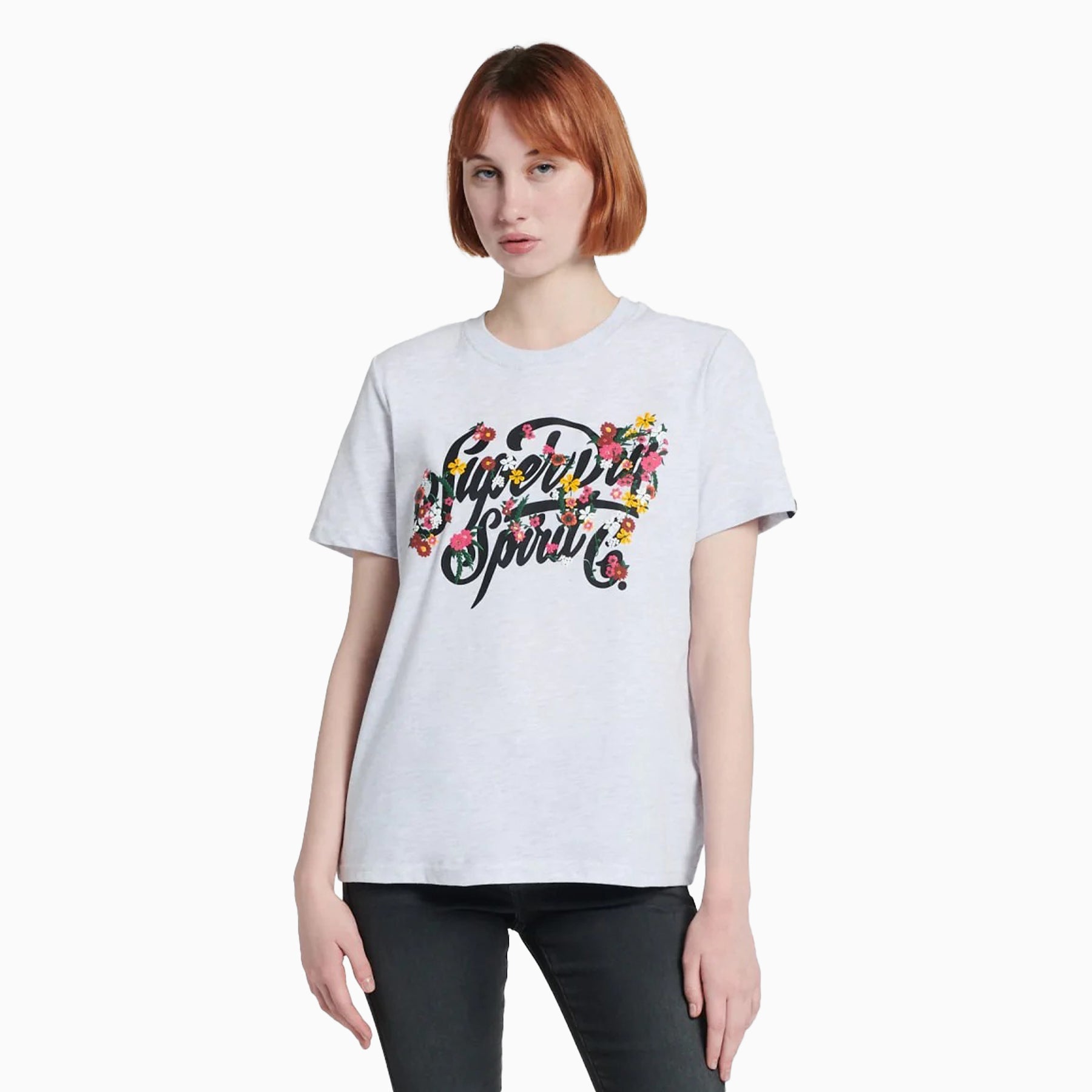 Superdry Women's Script Style Floral T Shirt - Color: Ice Marl - Tops and Bottoms USA -