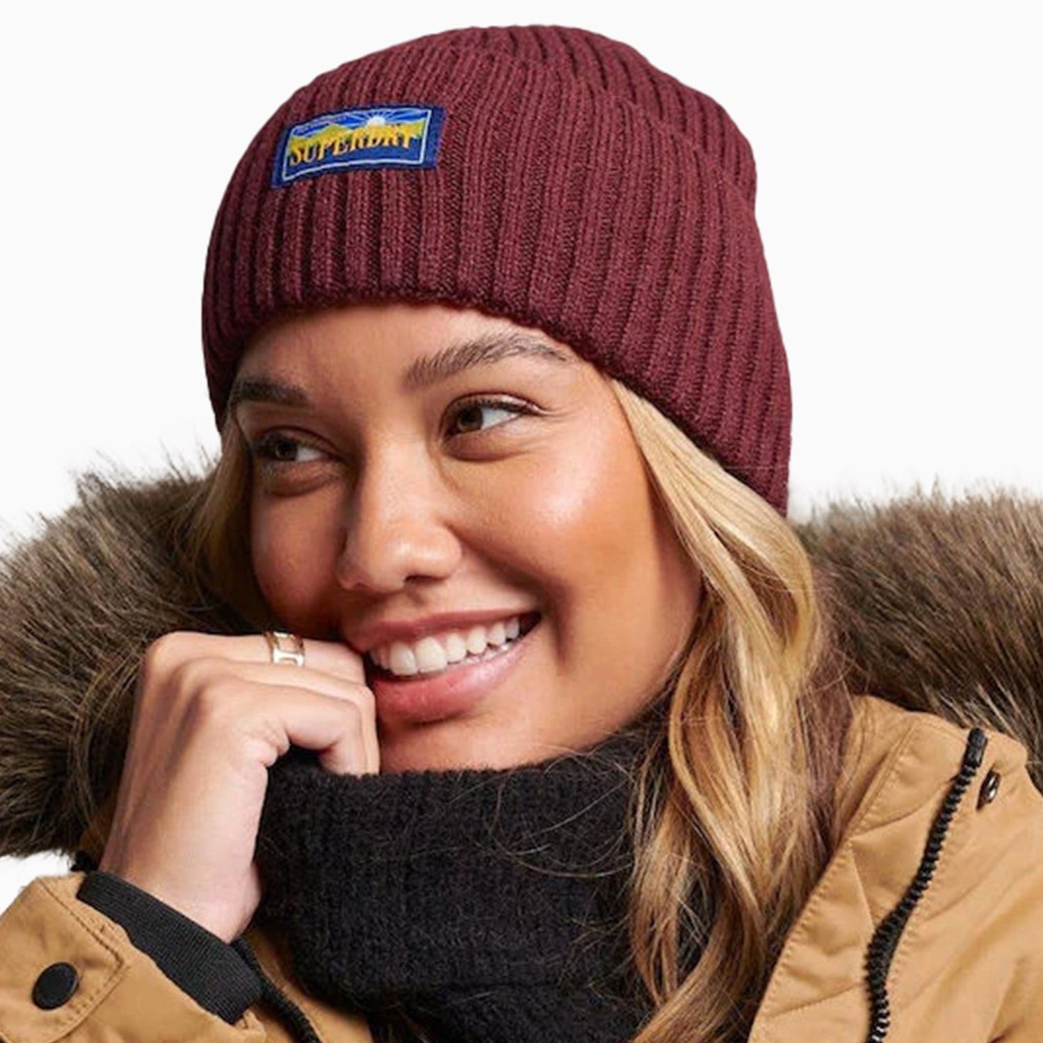 Superdry Unisex Wool Blend Radar Beanie - Color: Port - Tops and Bottoms USA -